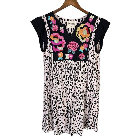 Savanna Jane Cheetah Print Flower Embroidered Mini Bohemian Tunic Shift Dress - Picture 9 of 12